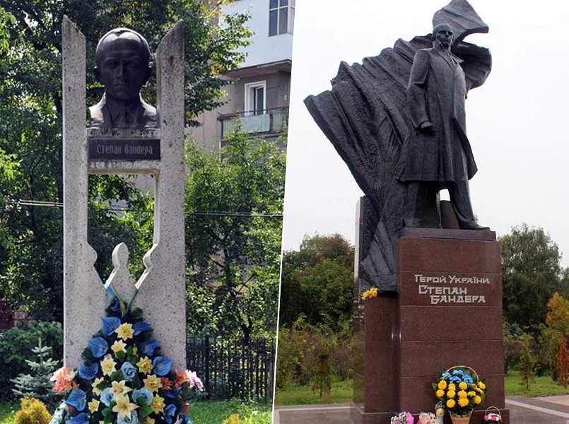 Od lewej: Pomnik Bandery w Kołomyi | Po prawej: Pomnik Stepana Bandery w Tarnopolu